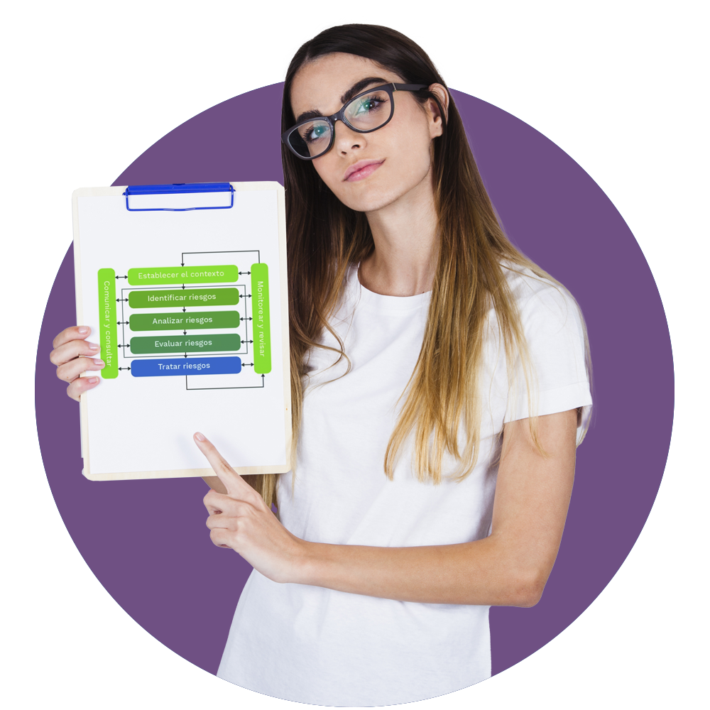 Joven con una carpeta que tiene un gráfico.