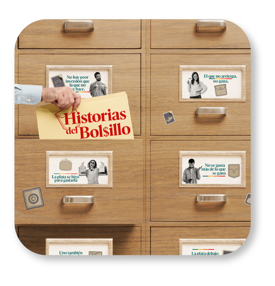 Archivador con tono azul y carpeta con título del videopodcast.