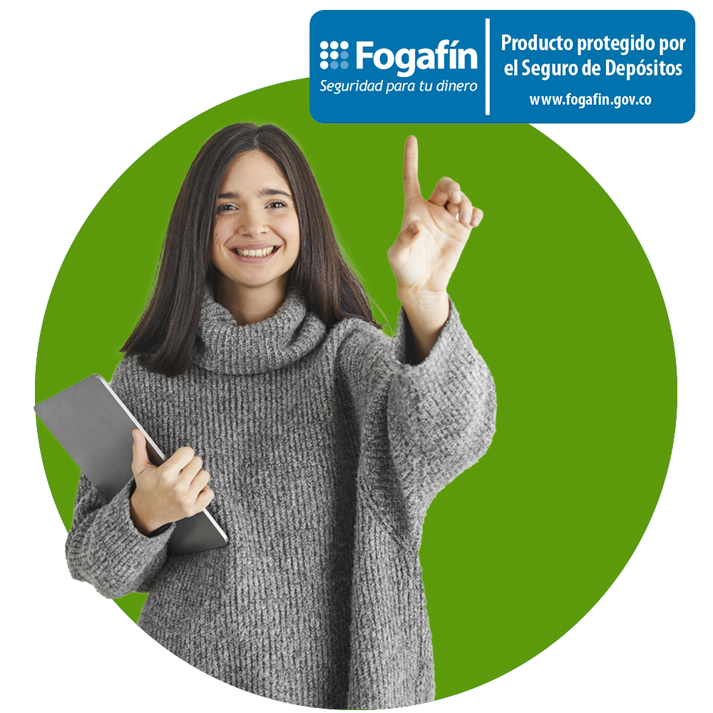 Una chica con una tablet en las manos señalando el sello Seguro de Depósitos.