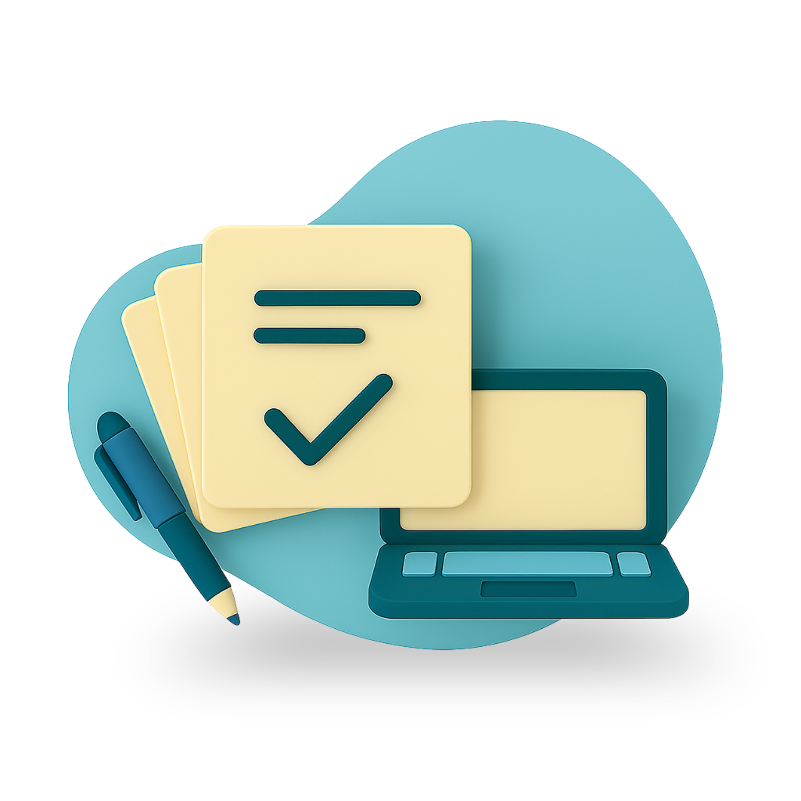 fondo azul con elementos 3d, esfero, hojas, portatil