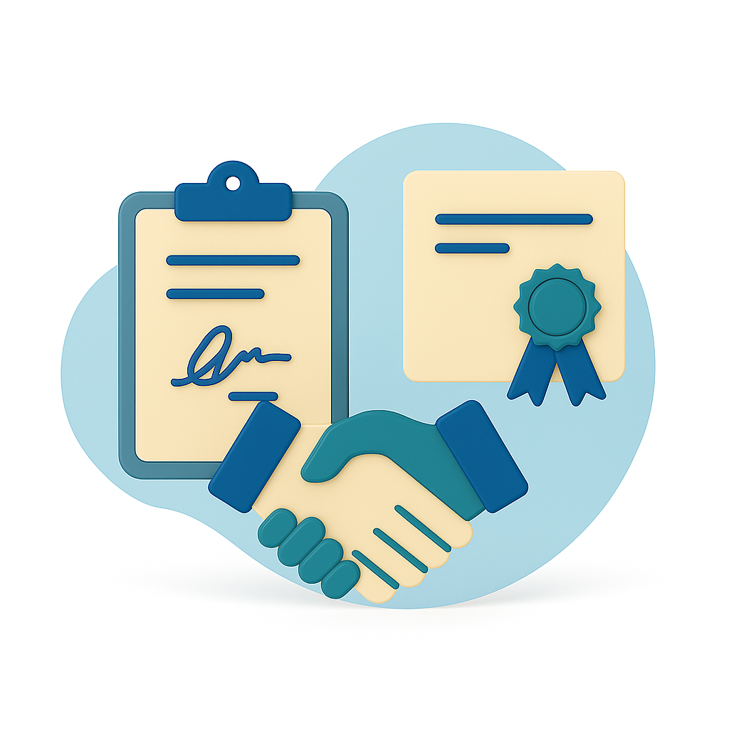 Mancha azul claro con elementos 3d, manos, contrato