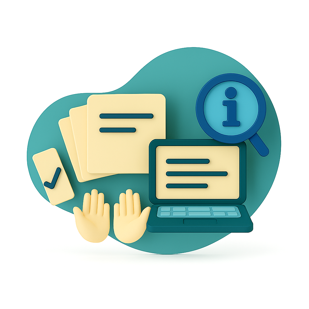 fondo verde, elementos 3d, manos, computador, lupa, hojas 