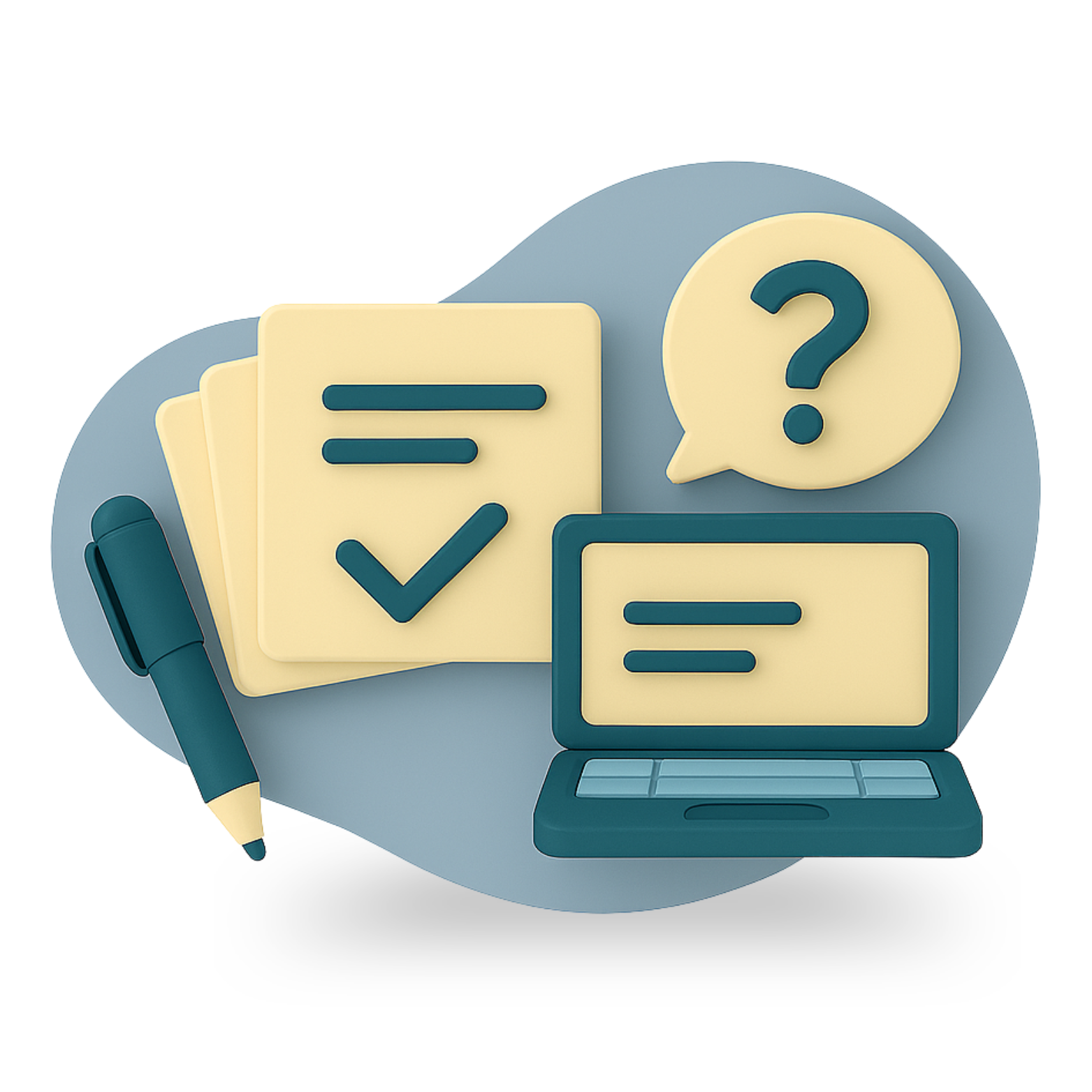 mancha azul claro con elementos en 3d, esfero, globo, portatil, hojas