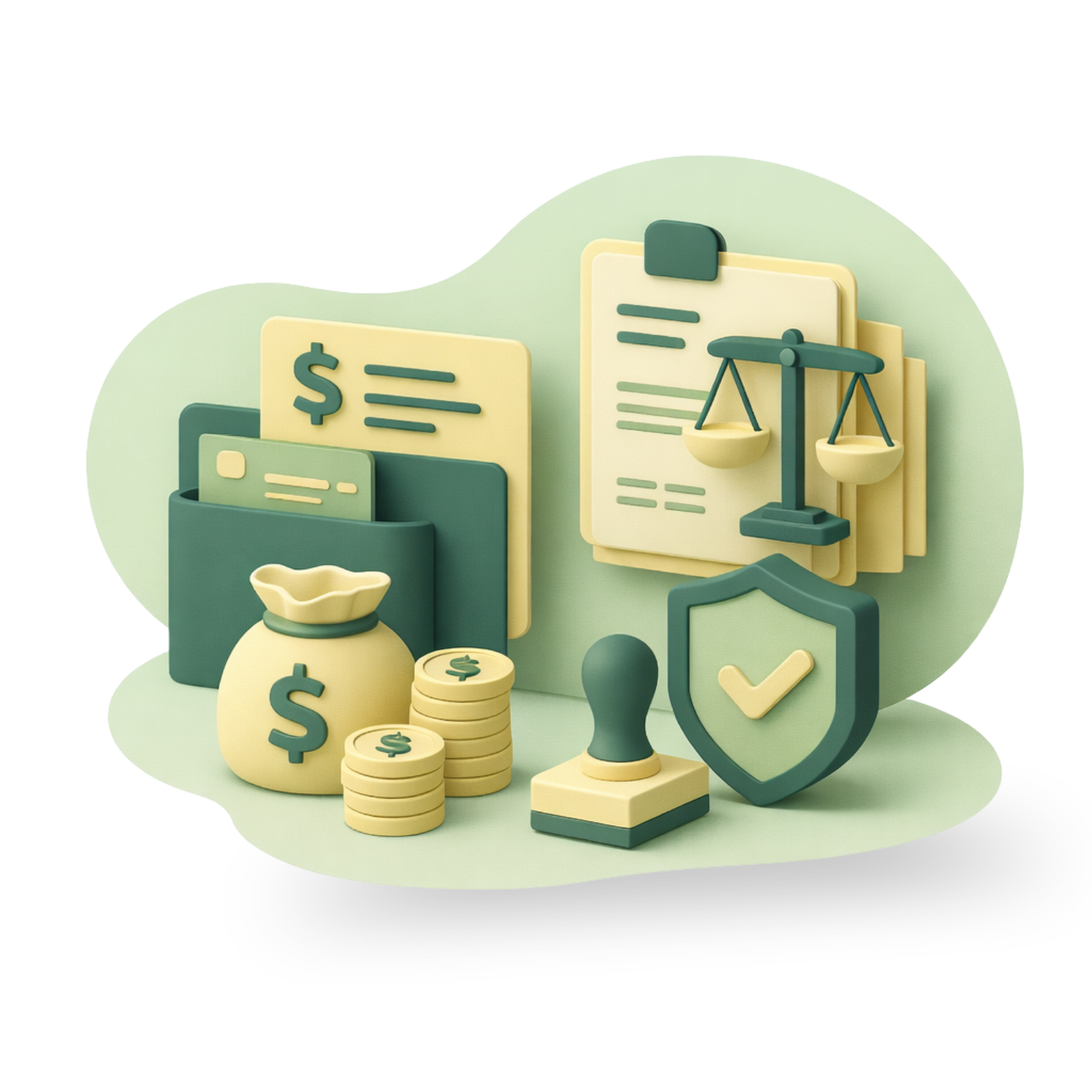 mancha verde claro, elementos 3d, bolsa de dinero, legales, balanza