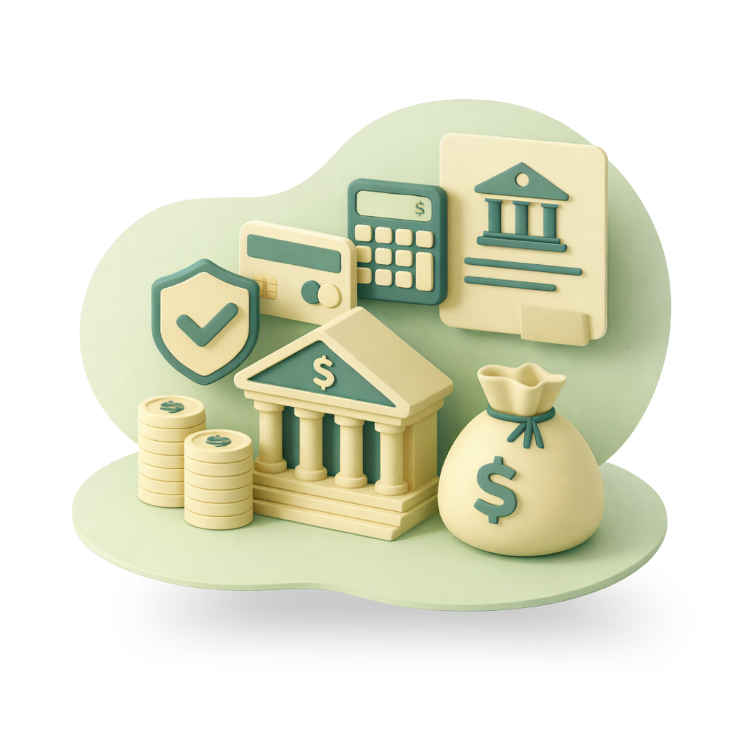mancha verde claro con elementos 3d, bolsa de dinero, monedas, calculadora, banco