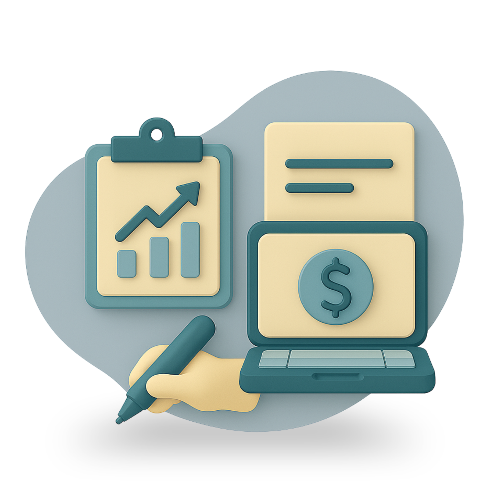 fondo gris claro, elementos 3d, computador, mano con esfero