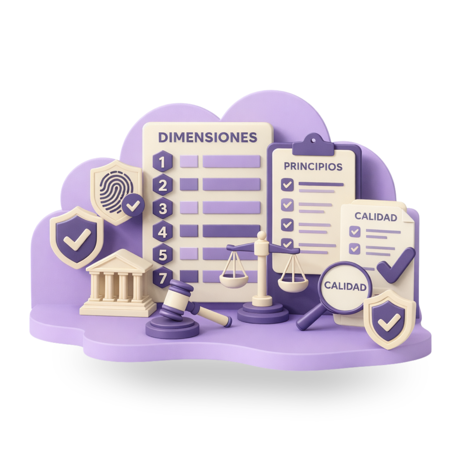 mancha color morado claro con elementos 3d de dimensiones, principios y calidad