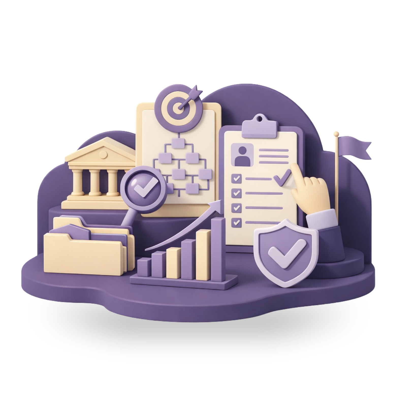 Mancha color morado con elementos 3d, gráfica de barras, archivos, listas