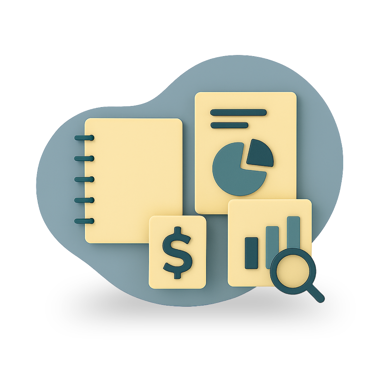 Mancha color gris claro, cuaderno, tabla de gráficos, signo de pesos y lupa.