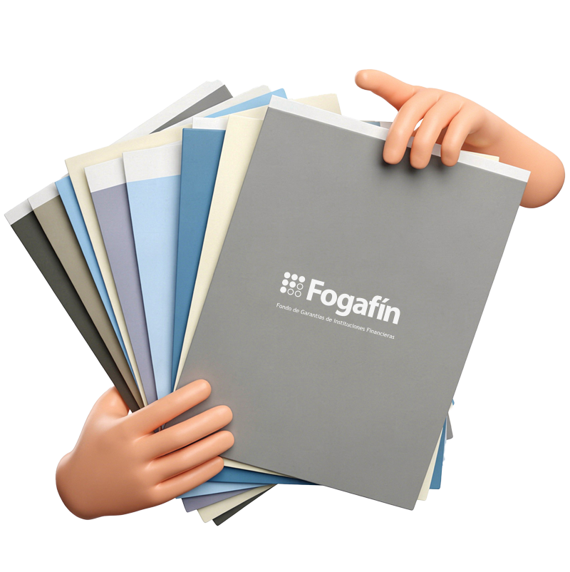 Manos en 3d con documentos marcados con el logo de Fogafín