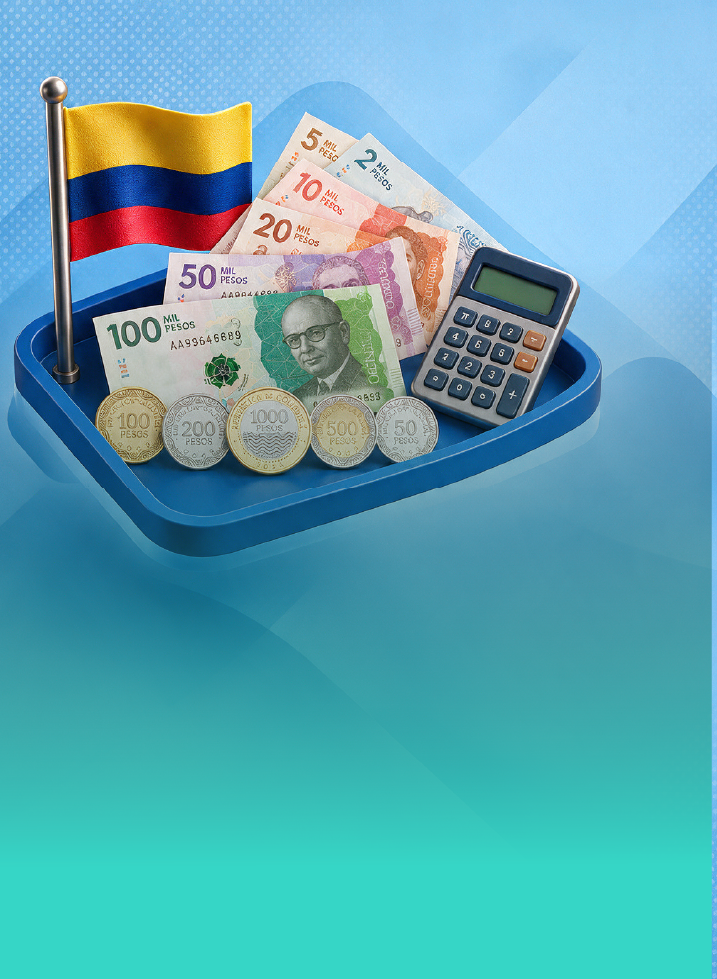 Bandera de colombia, billetes, monedas, calculadora